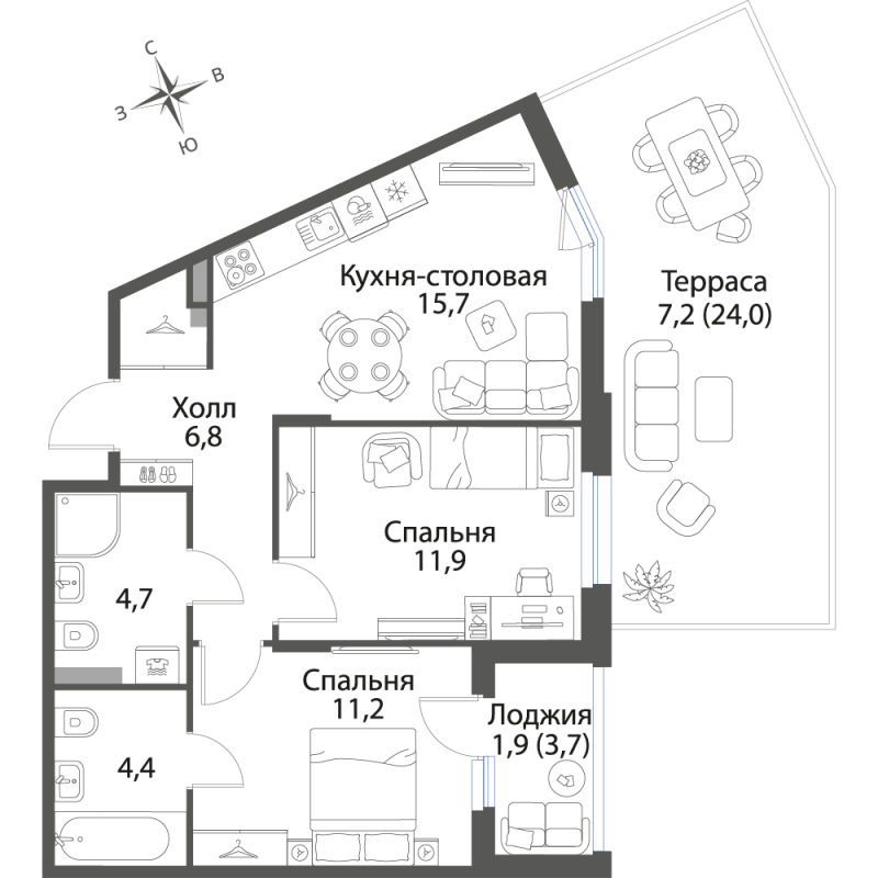 3-комнатная (Евро) квартира, 63.8 м² в ЖК "Экография" - планировка, фото №1