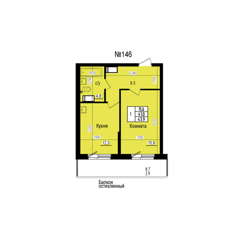 1-комнатная квартира, 43.9 м² в ЖК "ПРАГМА СИТИ" - планировка, фото №1
