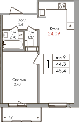 2-комнатная (Евро) квартира, 44.3 м² в ЖК "Верхний" - планировка, фото №1