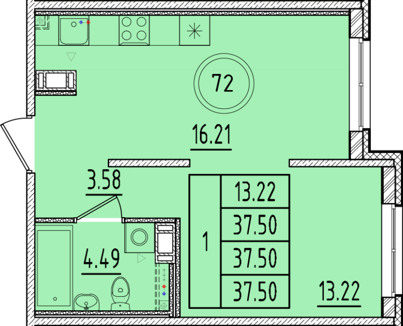 2-комнатная (Евро) квартира, 37.5 м² - планировка, фото №1