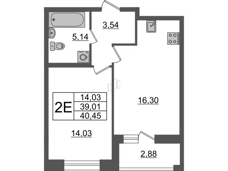 2-комнатная (Евро) квартира, 40.45 м² в ЖК "Аквилон Leaves" - планировка, фото №1