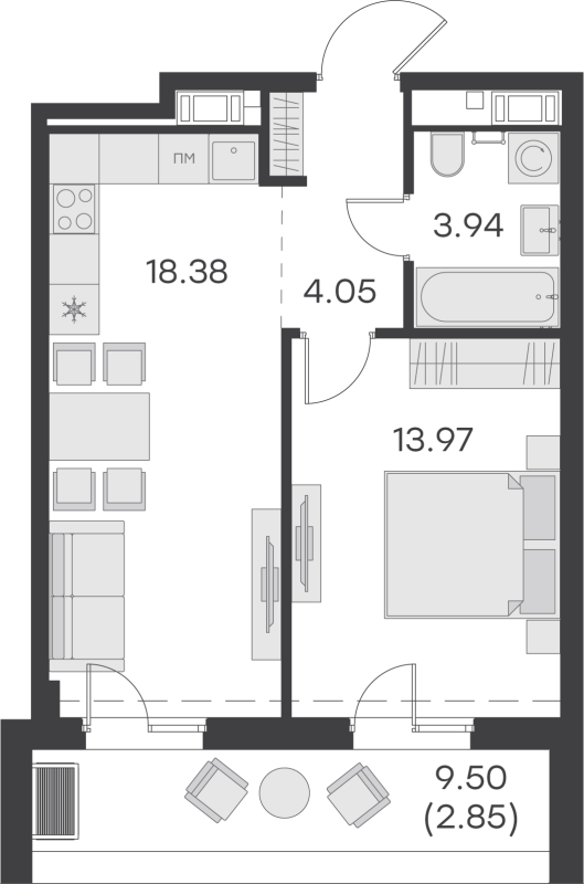 2-комнатная (Евро) квартира, 43.19 м² - планировка, фото №1