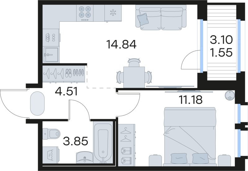 1-комнатная квартира, 35.93 м² в ЖК "GloraX Парголово" - планировка, фото №1
