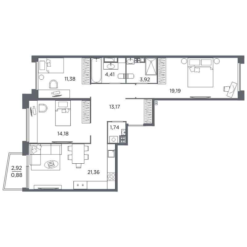 4-комнатная (Евро) квартира, 90.23 м² в ЖК "Акватория" - планировка, фото №1