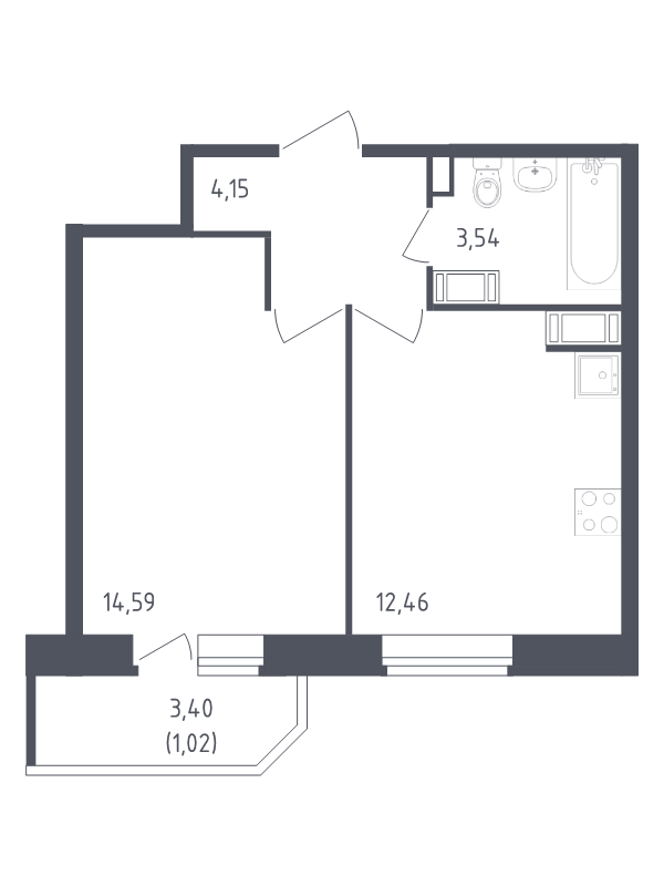 1-комнатная квартира, 35.76 м² в ЖК "Живи! В Рыбацком" - планировка, фото №1