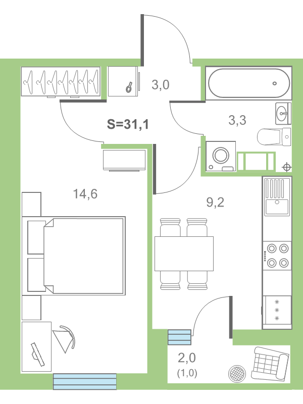 1-комнатная квартира, 31.7 м² - планировка, фото №1