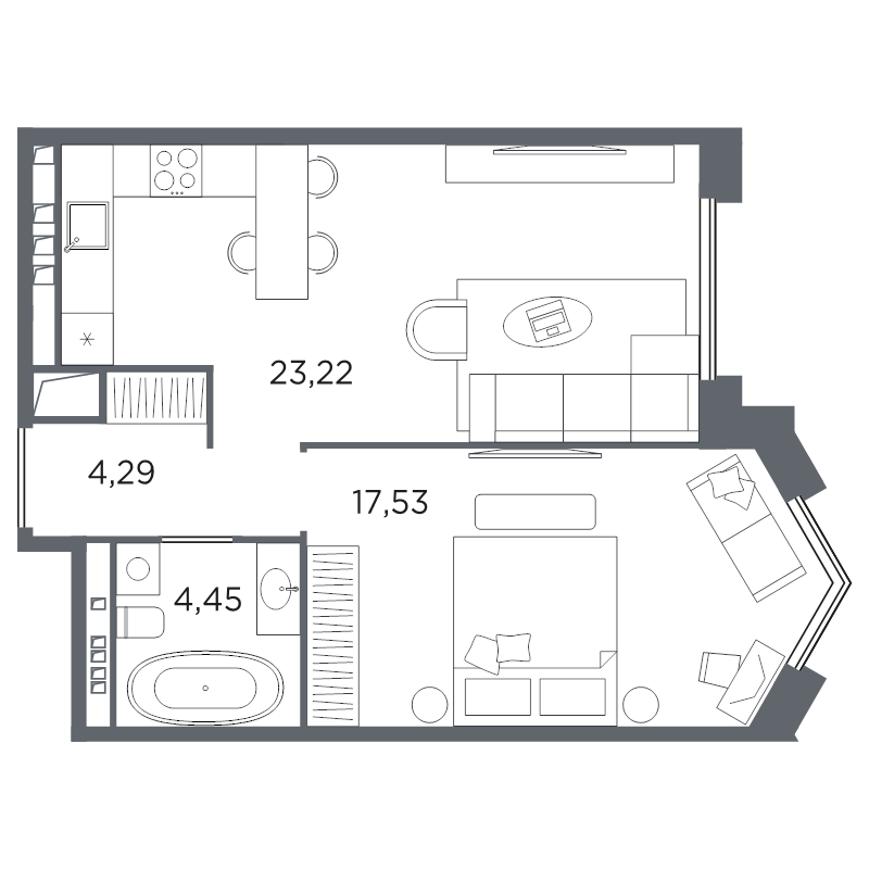 2-комнатная (Евро) квартира, 49.49 м² в ЖК "Акватория" - планировка, фото №1