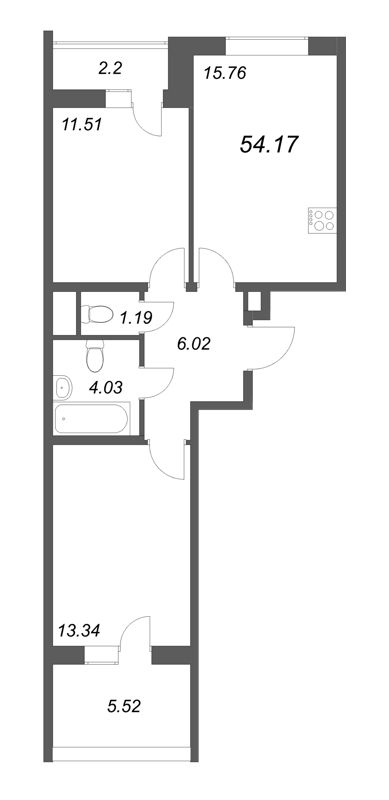 3-комнатная (Евро) квартира, 54.17 м² - планировка, фото №1