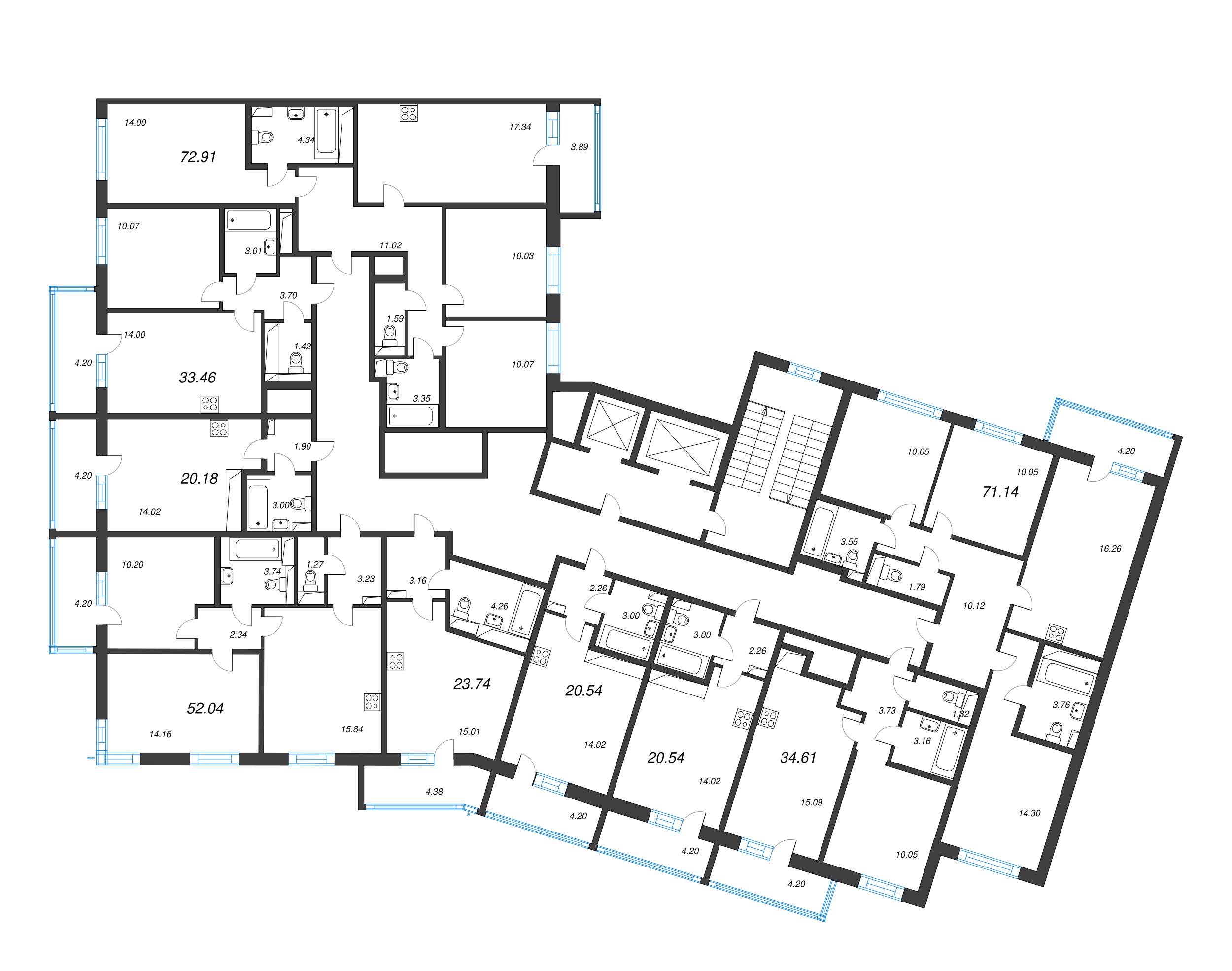 3-комнатная (Евро) квартира, 52.04 м² в ЖК "AEROCITY" - планировка этажа