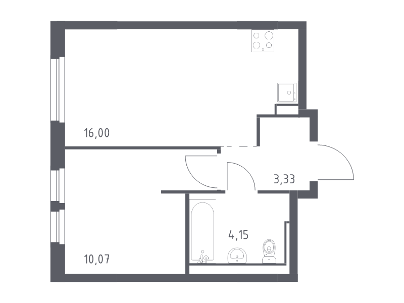 2-комнатная (Евро) квартира, 33.55 м² - планировка, фото №1