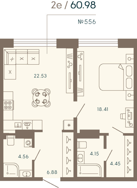 2-комнатная (Евро) квартира, 60.98 м² в ЖК "17/33 Петровский остров" - планировка, фото №1