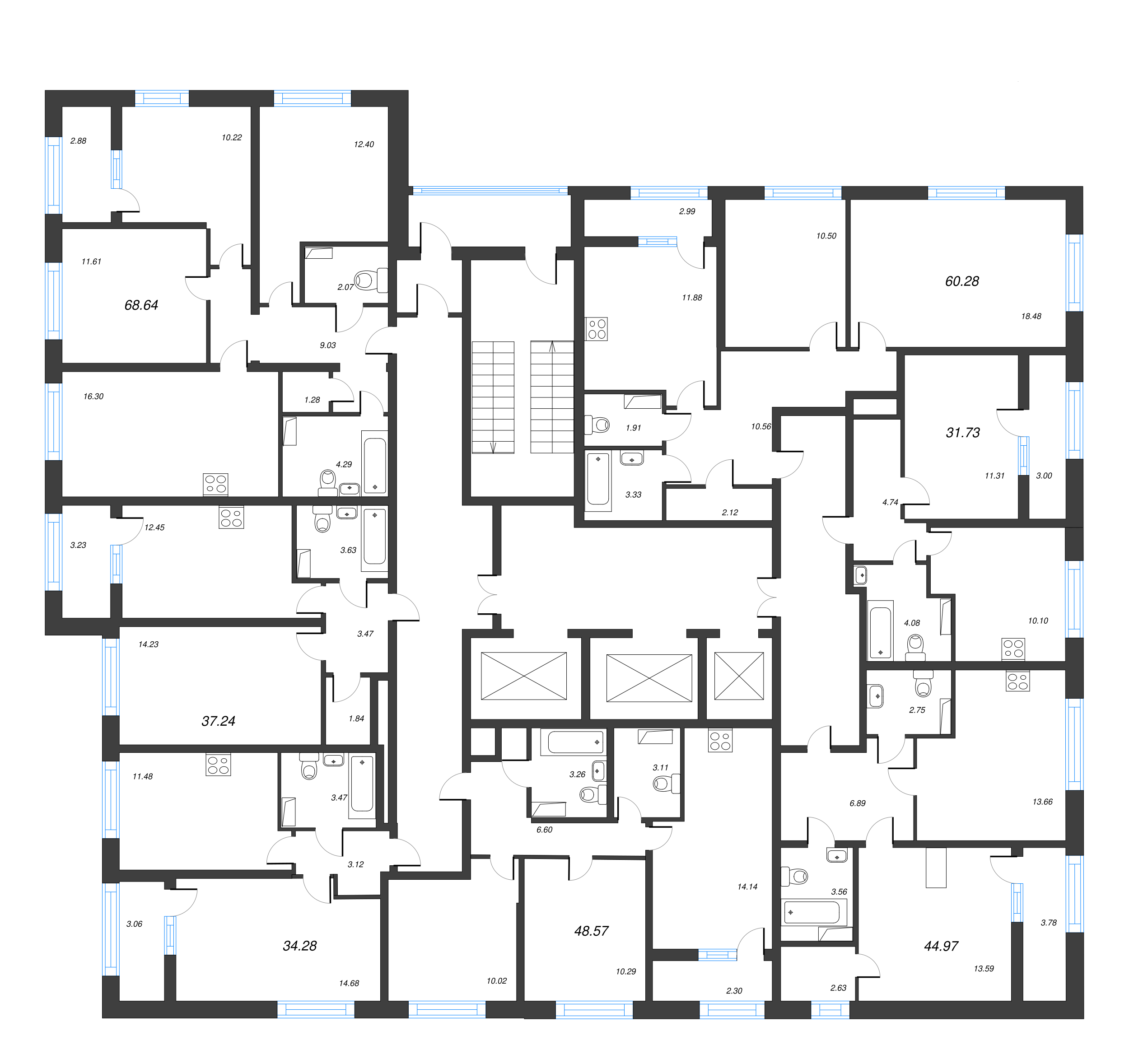 4-комнатная (Евро) квартира, 68.64 м² - планировка этажа