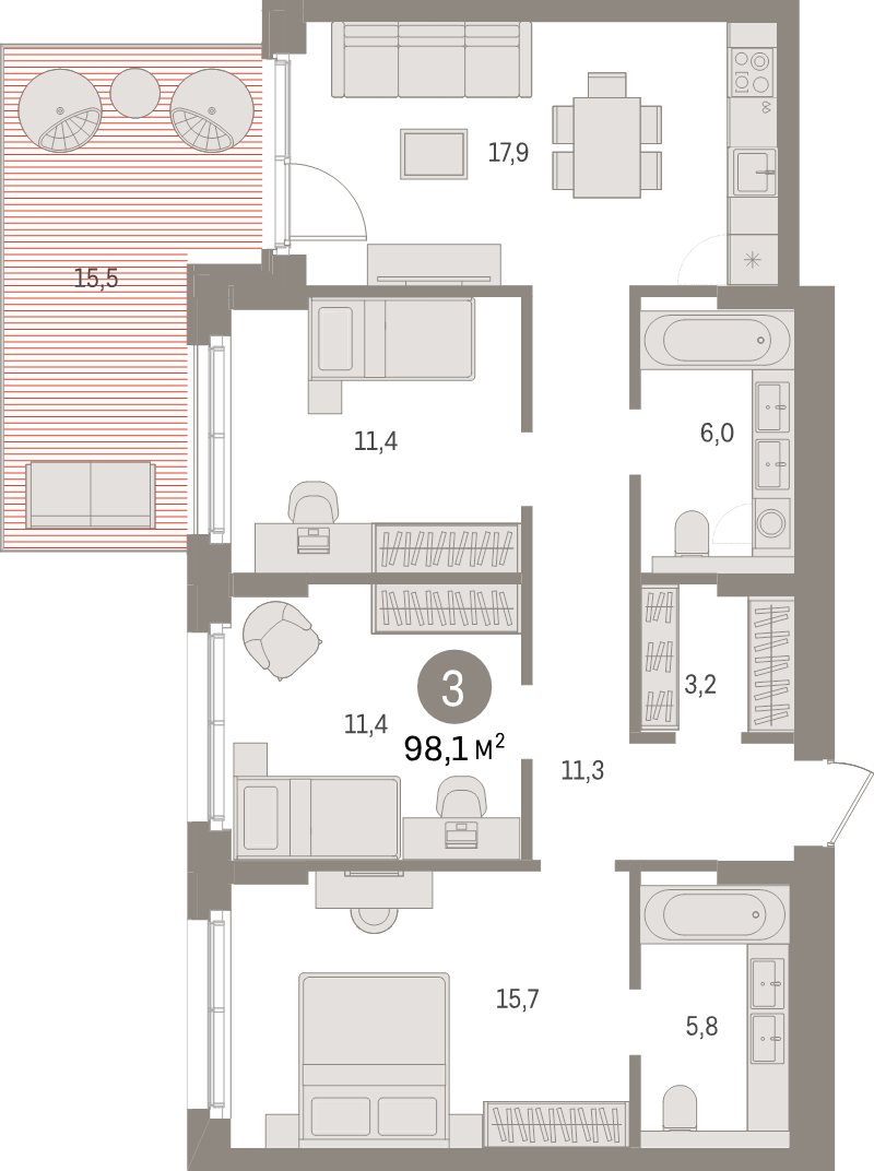 4-комнатная (Евро) квартира, 98.1 м² - планировка, фото №1