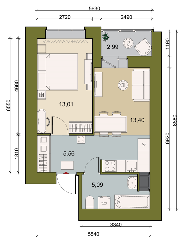 1-комнатная квартира, 38.3 м² в ЖК "Уютный" - планировка, фото №1
