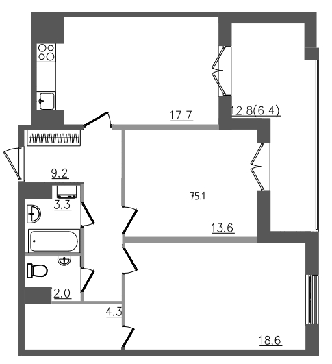 3-комнатная (Евро) квартира, 75.1 м² в ЖК "Upoint" - планировка, фото №1