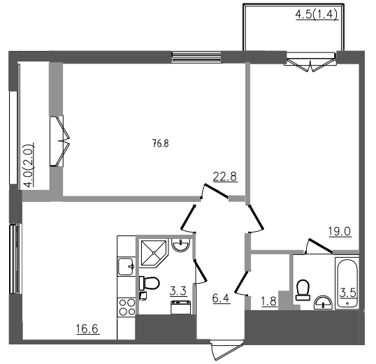 2-комнатная квартира, 76.8 м² в ЖК "Upoint" - планировка, фото №1