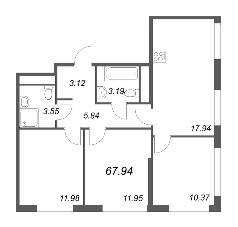 4-комнатная (Евро) квартира, 67.94 м² в ЖК "GloraX Василеостровский" - планировка, фото №1