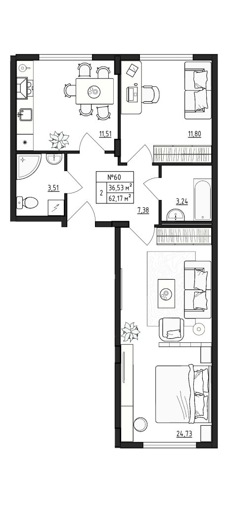 2-комнатная квартира, 62.17 м² в ЖК "Верево Сити" - планировка, фото №1
