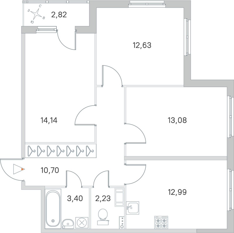 3-комнатная квартира, 69.17 м² - планировка, фото №1