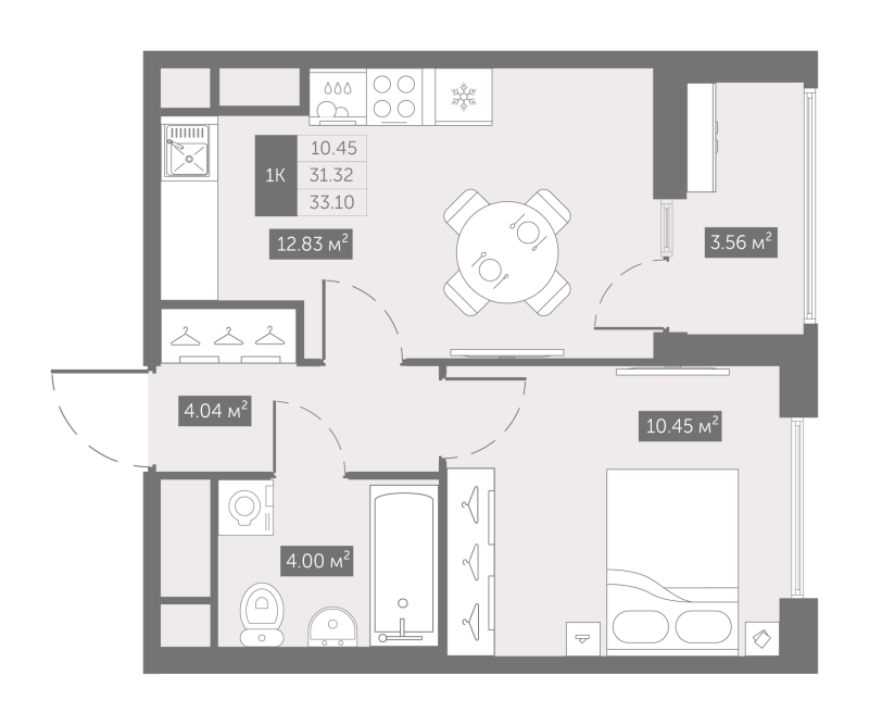 1-комнатная квартира, 33.1 м² в ЖК "UP-квартал Новый Московский" - планировка, фото №1