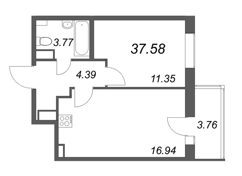2-комнатная (Евро) квартира, 37.58 м² в ЖК "Аквилон All in 3.0" - планировка, фото №1