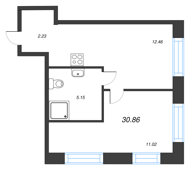 1-комнатная квартира, 30.86 м² - планировка, фото №1