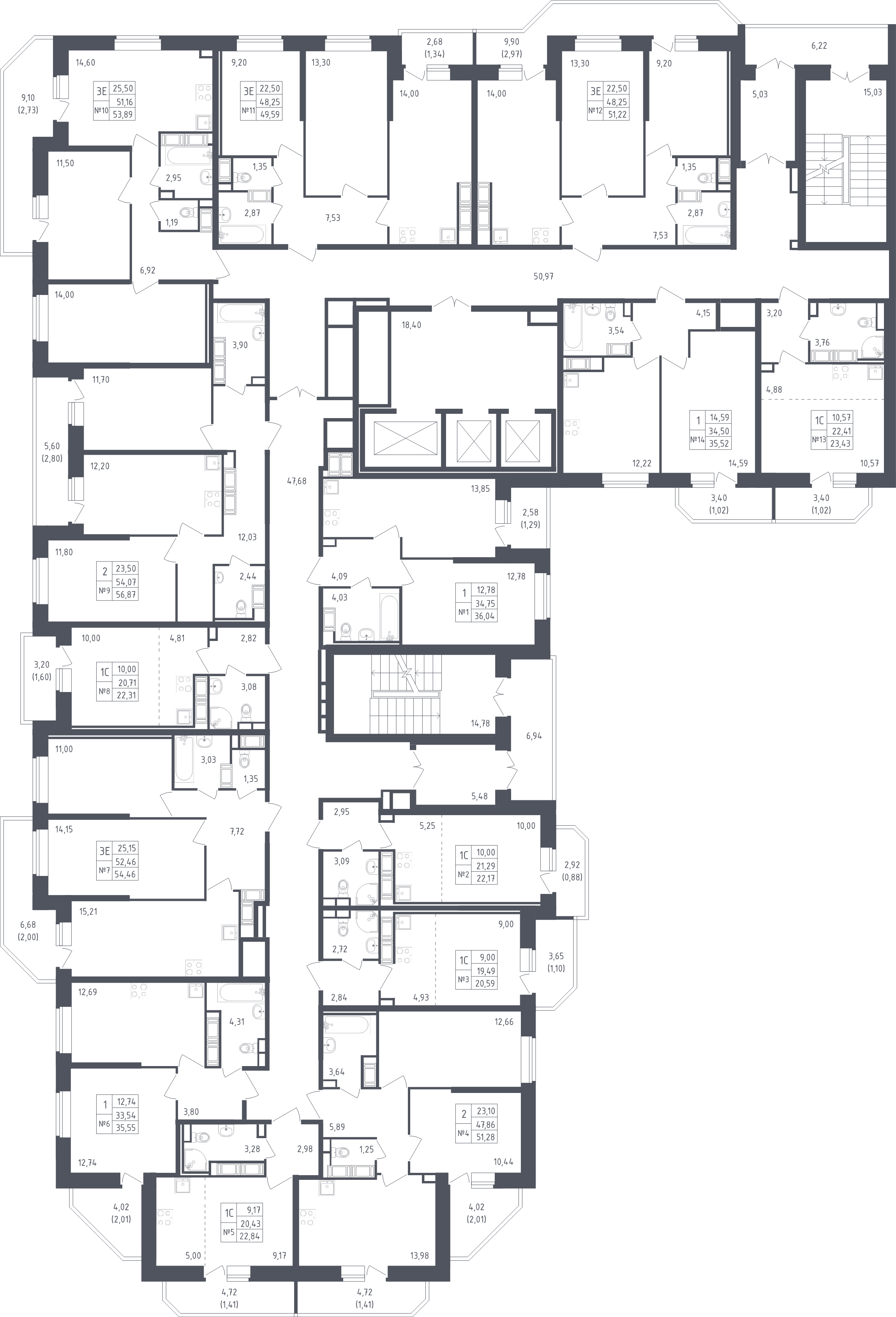 3-комнатная (Евро) квартира, 54.46 м² - планировка этажа