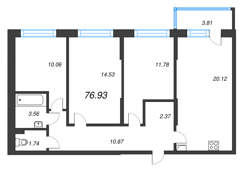 4-комнатная (Евро) квартира, 76.93 м² в ЖК "Охтинские высоты" - планировка, фото №1