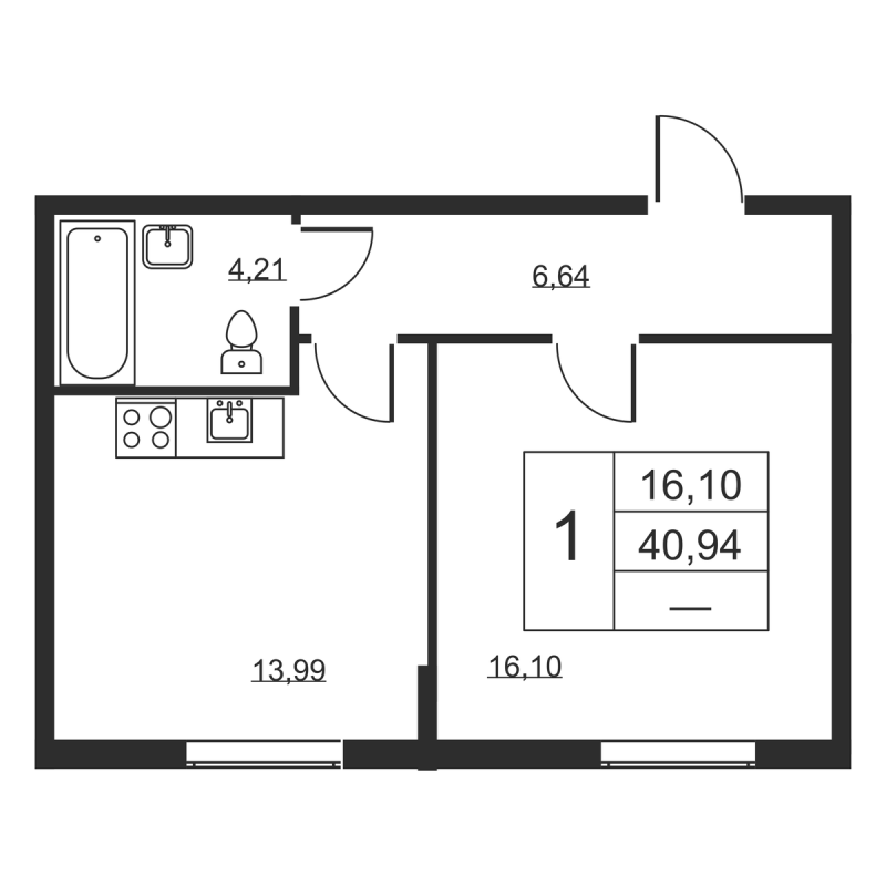 1-комнатная квартира, 40.94 м² в ЖК "Высота" - планировка, фото №1