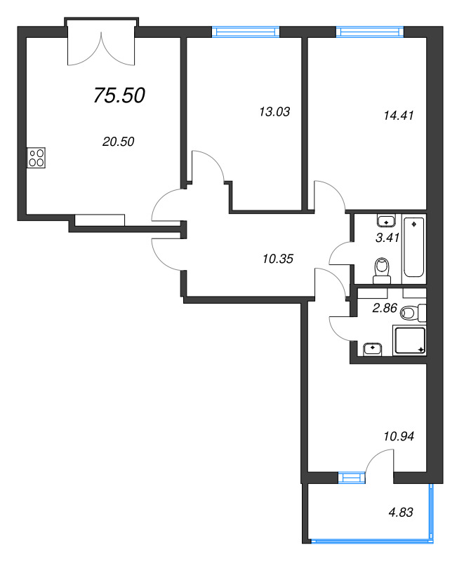 4-комнатная (Евро) квартира, 75.5 м² - планировка, фото №1