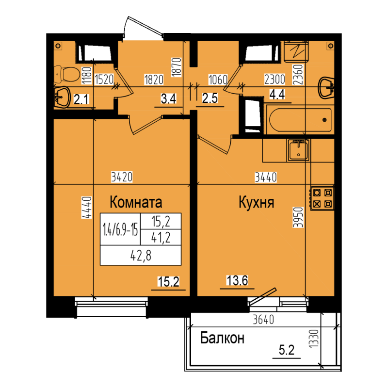 1-комнатная квартира, 42.8 м² в ЖК "ПРАГМА city" - планировка, фото №1