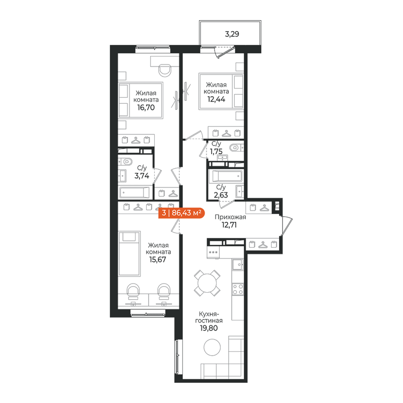 4-комнатная (Евро) квартира, 86.43 м² в ЖК "Алгоритм Квинта" - планировка, фото №1