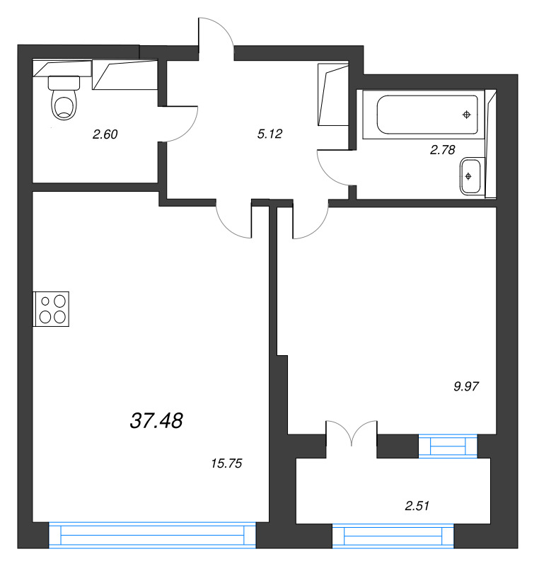 2-комнатная (Евро) квартира, 37.48 м² в ЖК "Цивилизация на неве" - планировка, фото №1
