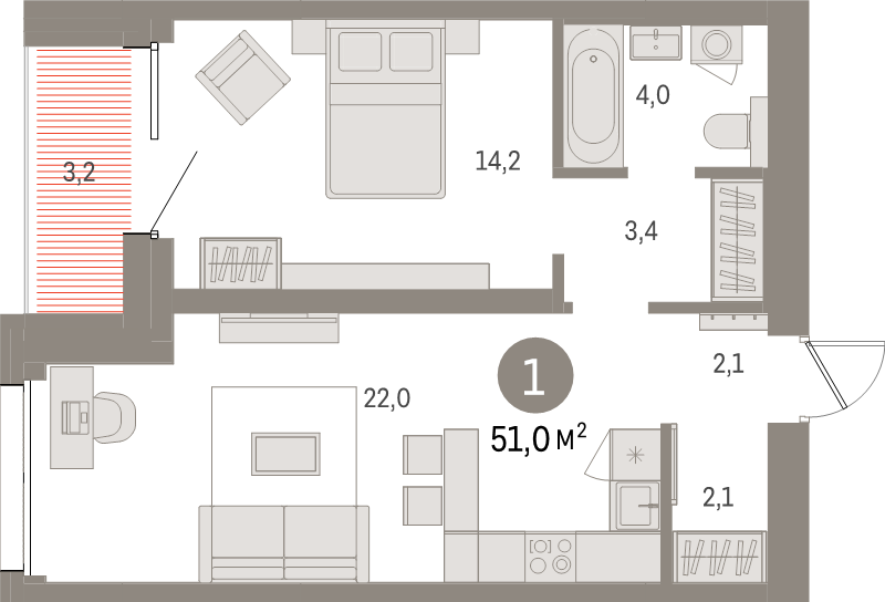 2-комнатная (Евро) квартира, 51 м² в ЖК "Северный ветер" - планировка, фото №1