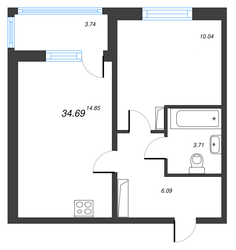 1-комнатная квартира, 34.69 м² в ЖК "Полис ЛАВрики" - планировка, фото №1
