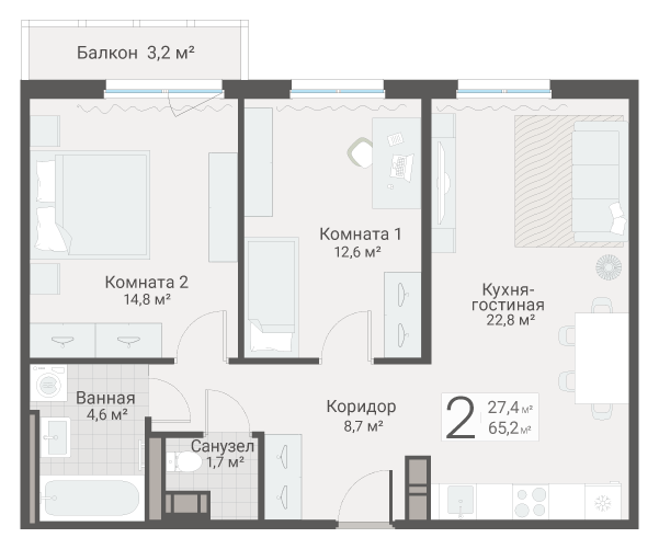 3-комнатная (Евро) квартира, 65.2 м² в ЖК "Руднева 15" - планировка, фото №1