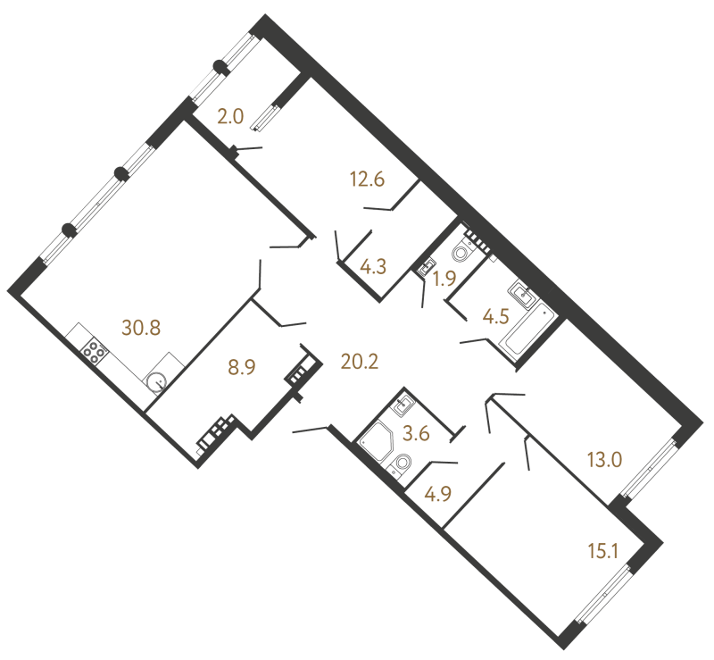 4-комнатная (Евро) квартира, 119.8 м² - планировка, фото №1
