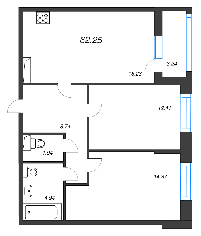 3-комнатная (Евро) квартира, 62.25 м² - планировка, фото №1