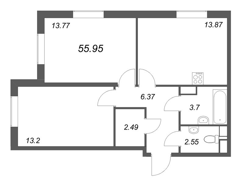 2-комнатная квартира, 55.95 м² в ЖК "Кинопарк" - планировка, фото №1