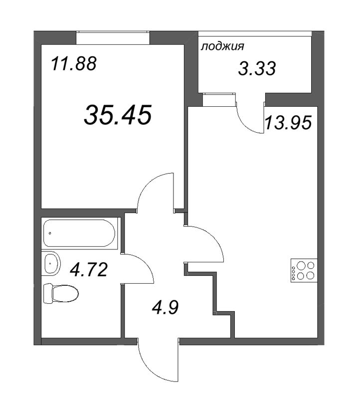 1-комнатная квартира, 35.45 м² - планировка, фото №1