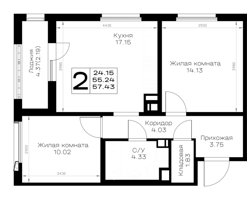 3-комнатная (Евро) квартира, 57.43 м² в ЖК "Борский" - планировка, фото №1