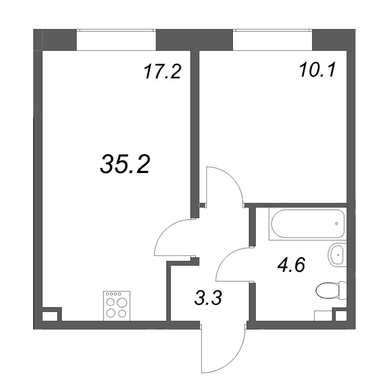 2-комнатная (Евро) квартира, 35.2 м² в ЖК "Пулково Lake" - планировка, фото №1