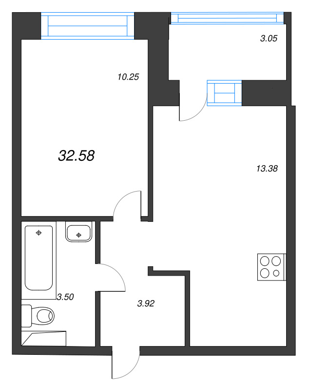 1-комнатная квартира, 32.58 м² в ЖК "Уютный" - планировка, фото №1