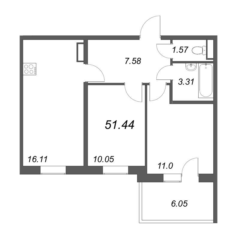 3-комнатная (Евро) квартира, 49.62 м² - планировка, фото №1