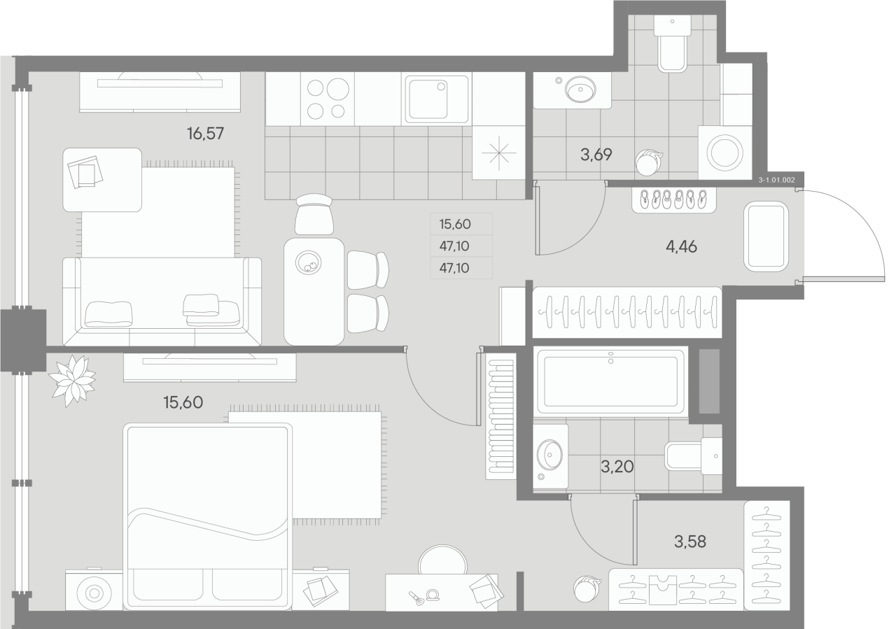 2-комнатная (Евро) квартира, 46.42 м² в ЖК "Avant" - планировка, фото №1