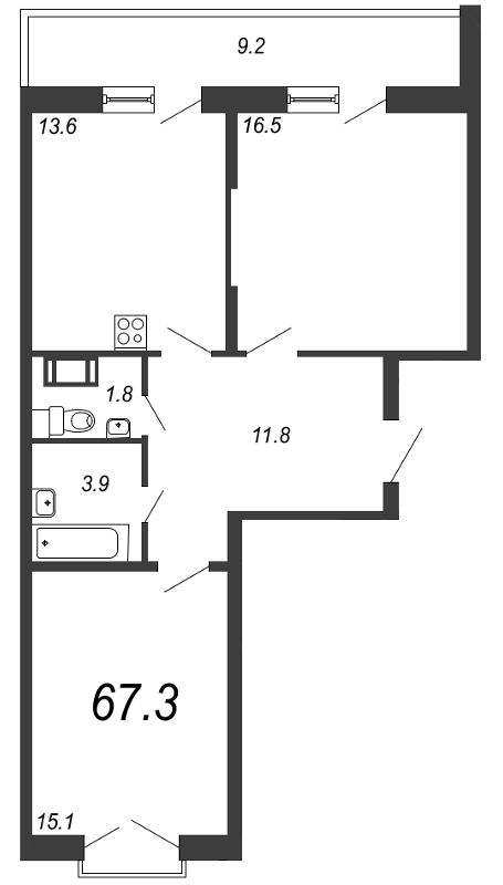 2-комнатная квартира, 68.1 м² - планировка, фото №1