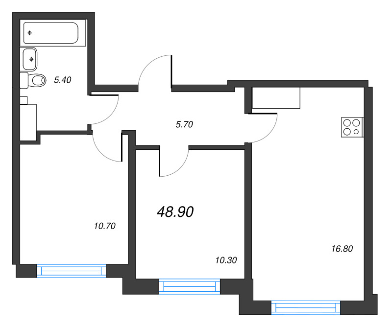 3-комнатная (Евро) квартира, 48.9 м² - планировка, фото №1