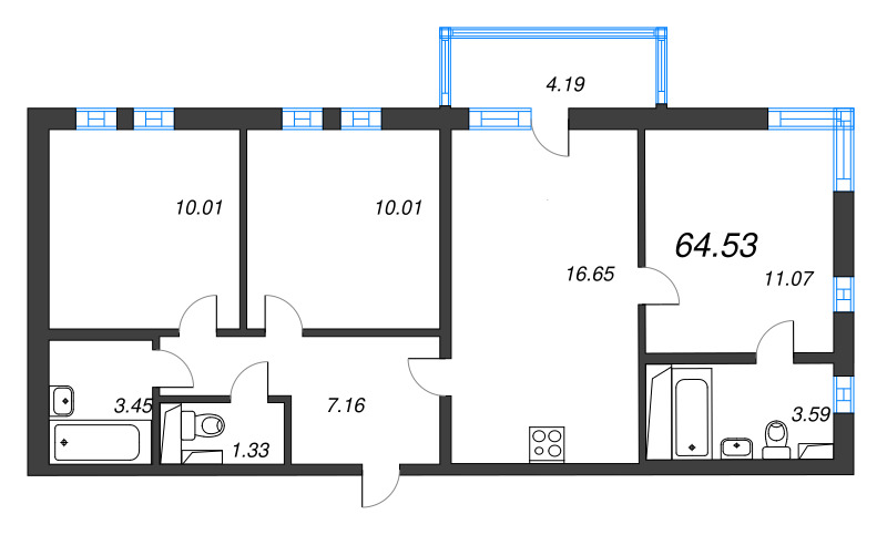 4-комнатная (Евро) квартира, 64.53 м² - планировка, фото №1
