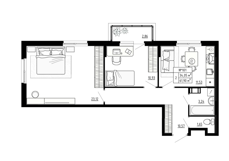 2-комнатная квартира, 61.9 м² - планировка, фото №1