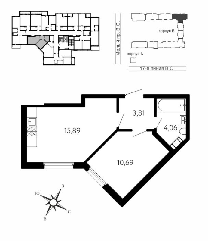 2-комнатная (Евро) квартира, 34.45 м² в ЖК "17-я линия" - планировка, фото №1
